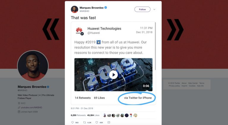 Huawei celebrates Nikkei iPhone Ban by posting 2019 greeting from an iPhone